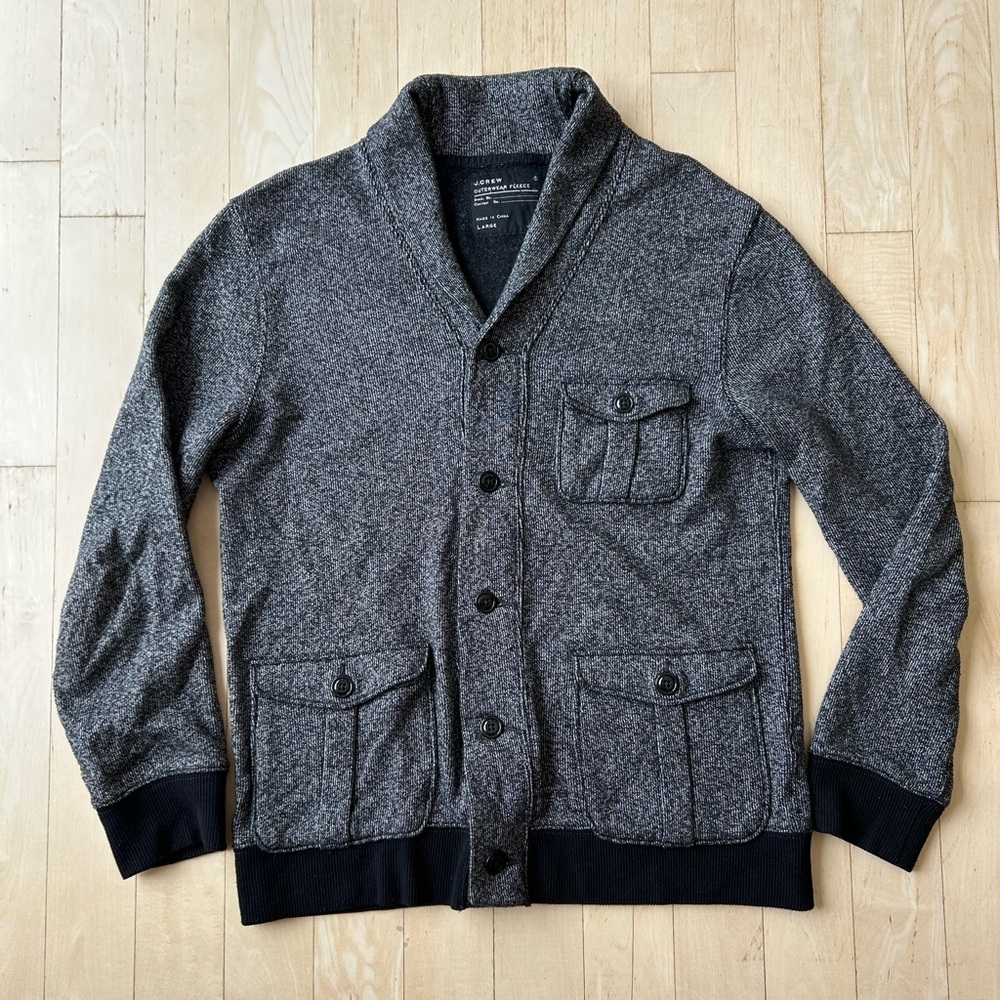 J. Crew Outerwear Fleece Heather Black Men’s Button Front Cardigan Size Large - Picture 1 of 9